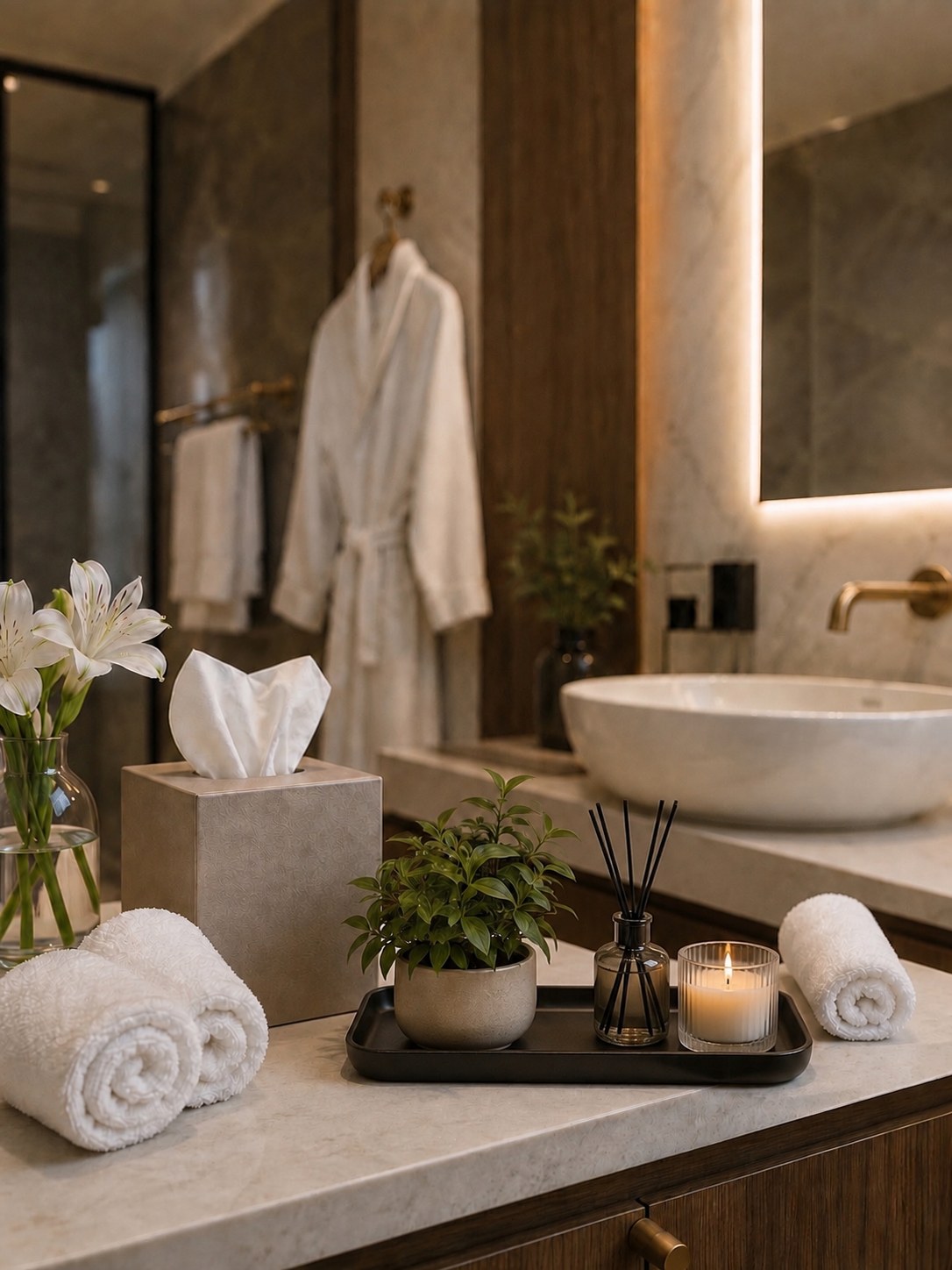 Badezimmer-Ablage mit Bademantel, Handtüchern, Duftkerze und Raumduft – Kategorie Bad & Spa