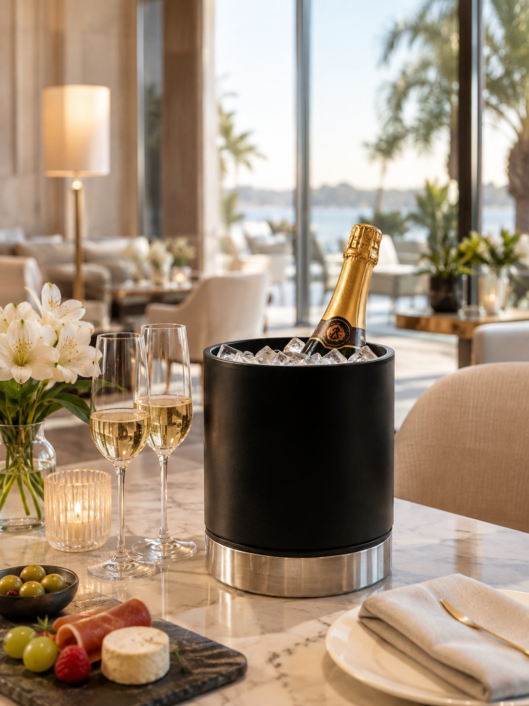 Champagner im Kühler mit Gläsern auf einer Terrasse mit Meerblick – Kategorie Food & Beverage