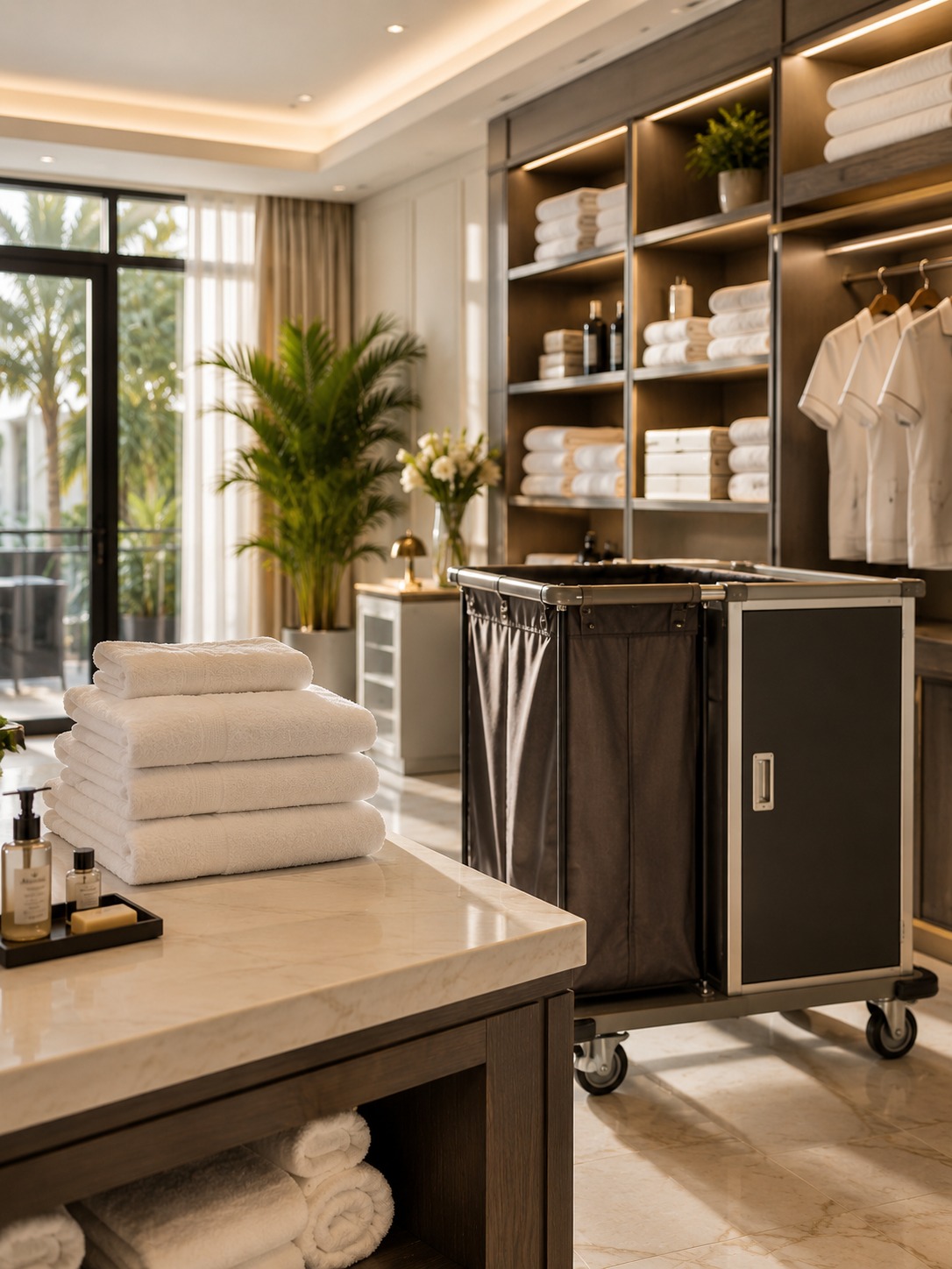 Housekeeping-Bereich mit Wäschewagen, gefalteten Handtüchern und Uniformen – Kategorie Housekeeping & Wäsche