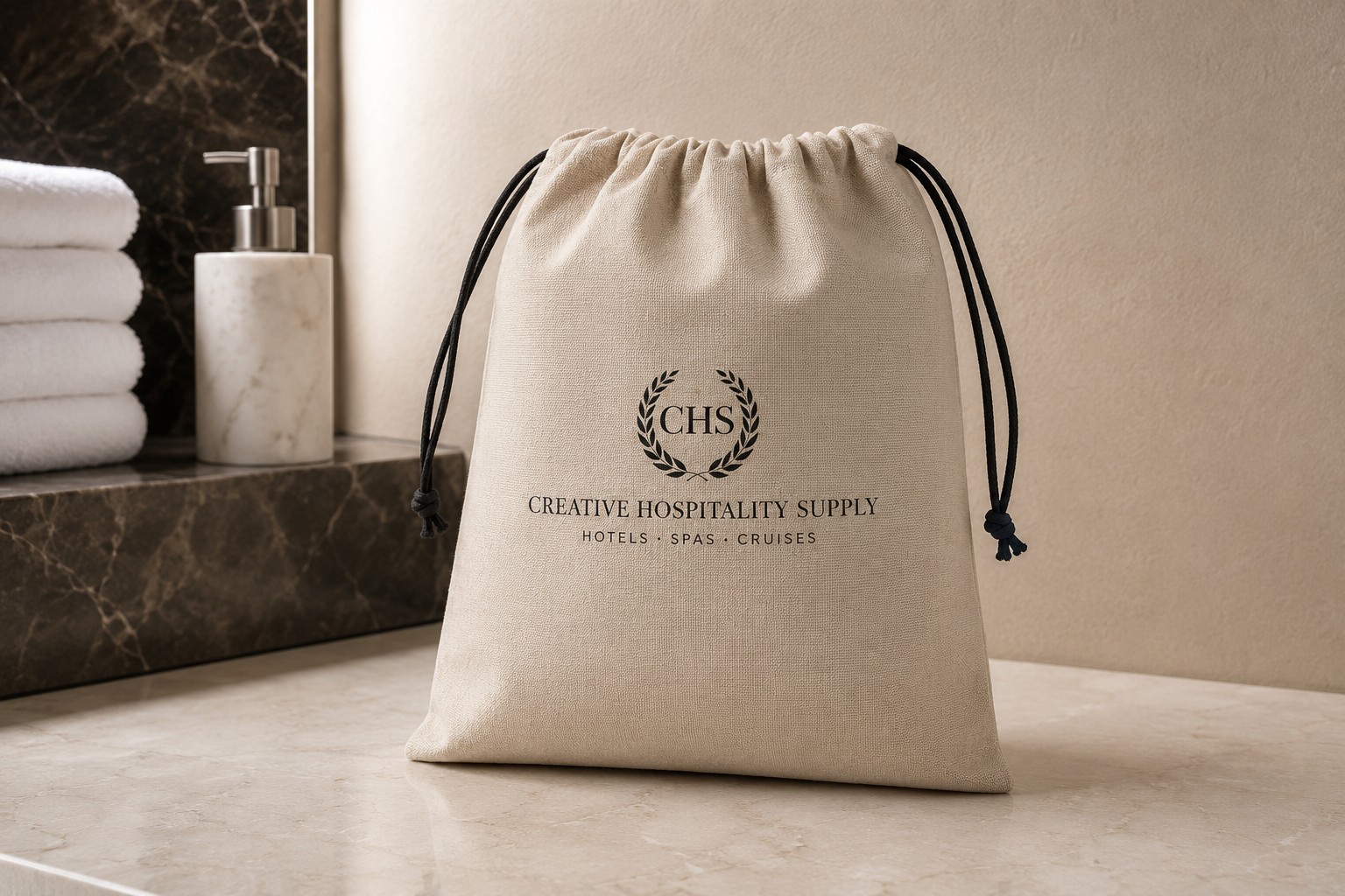 Hair dryer bag with CHS logo in a bathroom