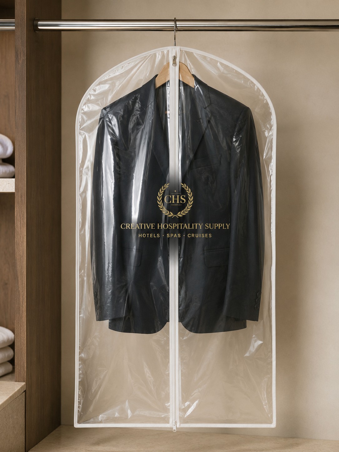 Jacket cover with CHS logo over a blazer in a wardrobe