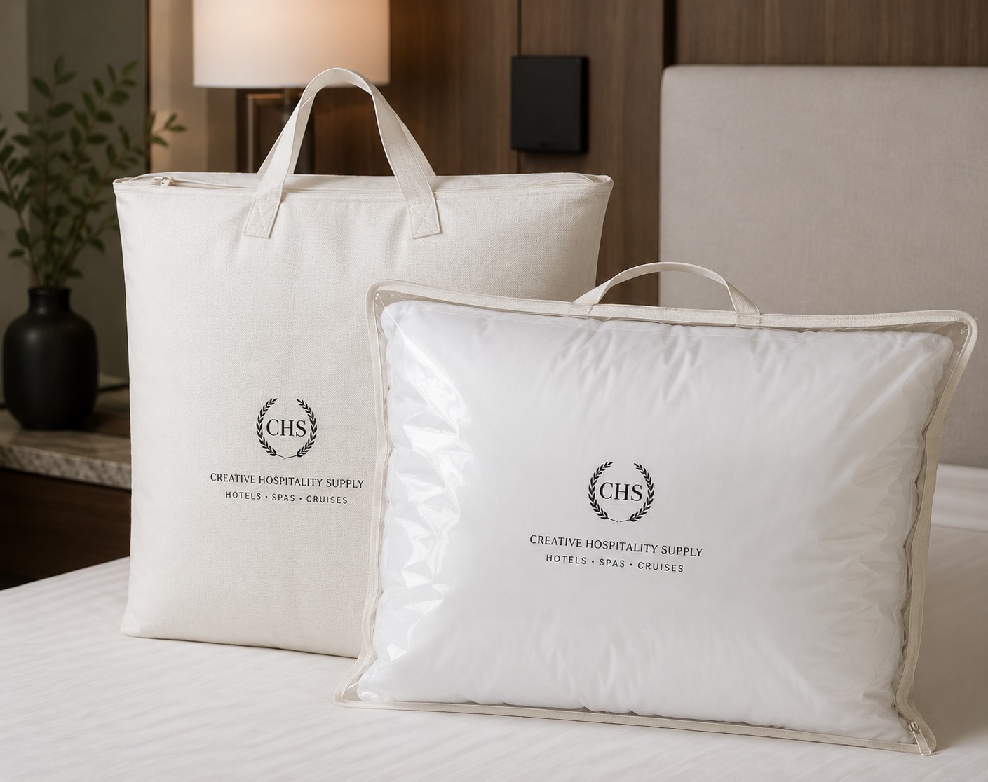 Pillow and blanket bag with CHS logo on a hotel bed