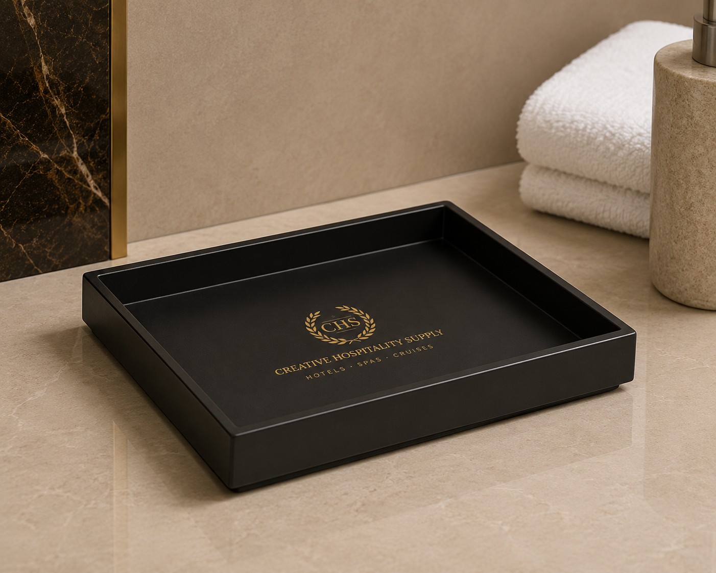 Valet tray "Ally" with CHS logo, black lacquered aluminium
