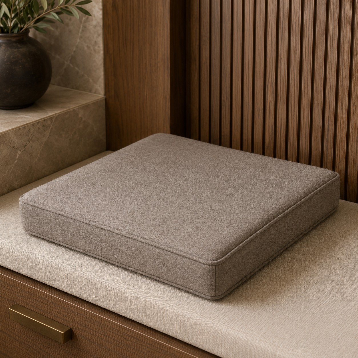 Felt seat cushion, taupe, on a bench