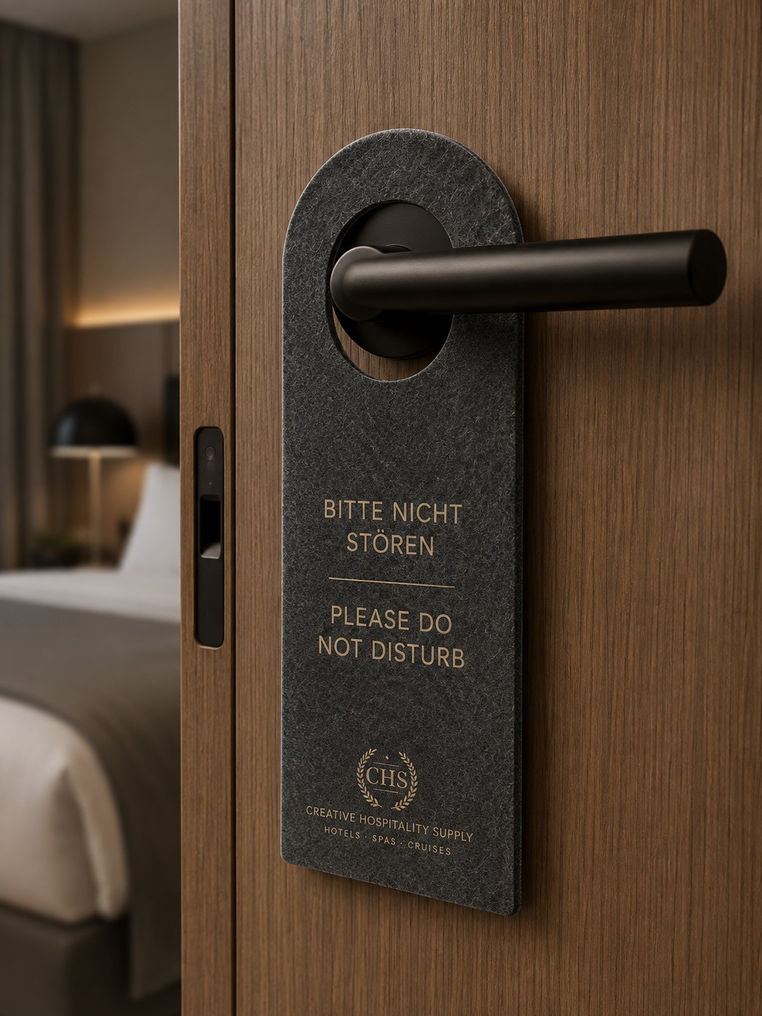 Felt door hanger "Do Not Disturb" with CHS logo on a door handle