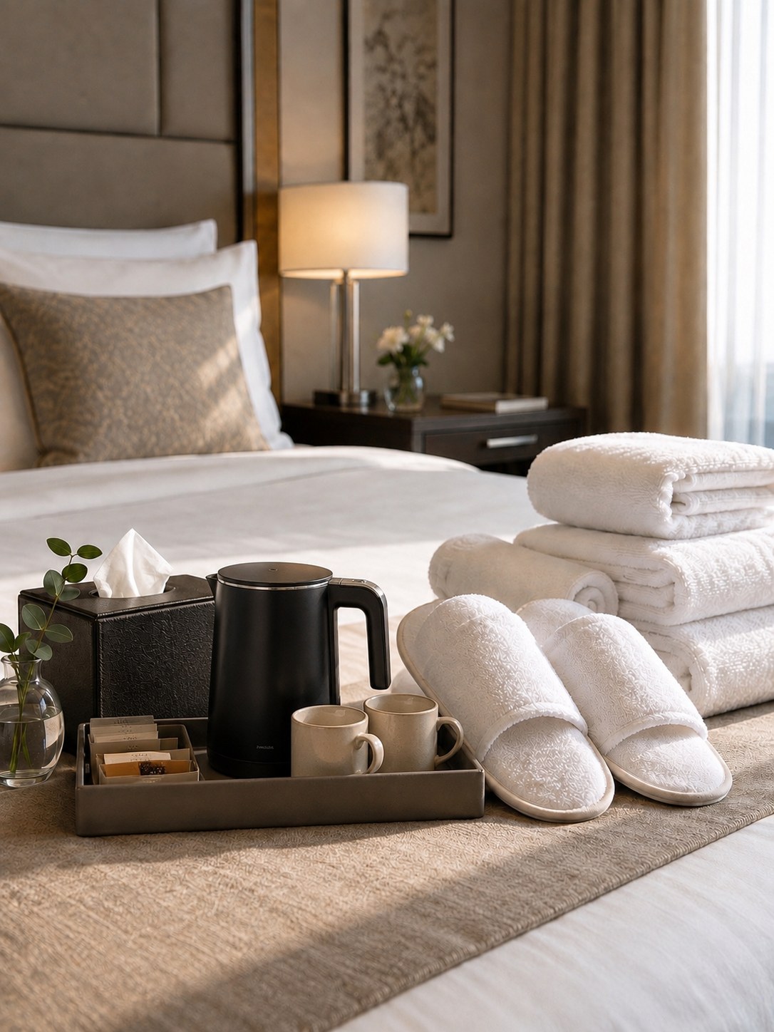 Zimmerservice-Tablett mit Wasserkocher, Tassen, Hausschuhen und gefalteten Handtüchern auf dem Bett – Kategorie Zimmer & Gästebedarf